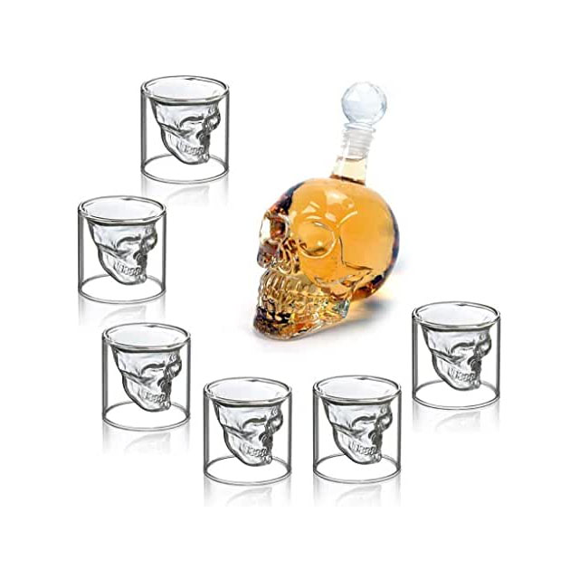 Botella-de-Vidrio-con-Forma-de-Calavera-y-6-vasos-de-Chupito